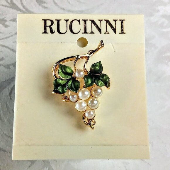 Vintage Rucinni Green Enamel Leaf & Pearl Gold Pin - Picture 1 of 4
